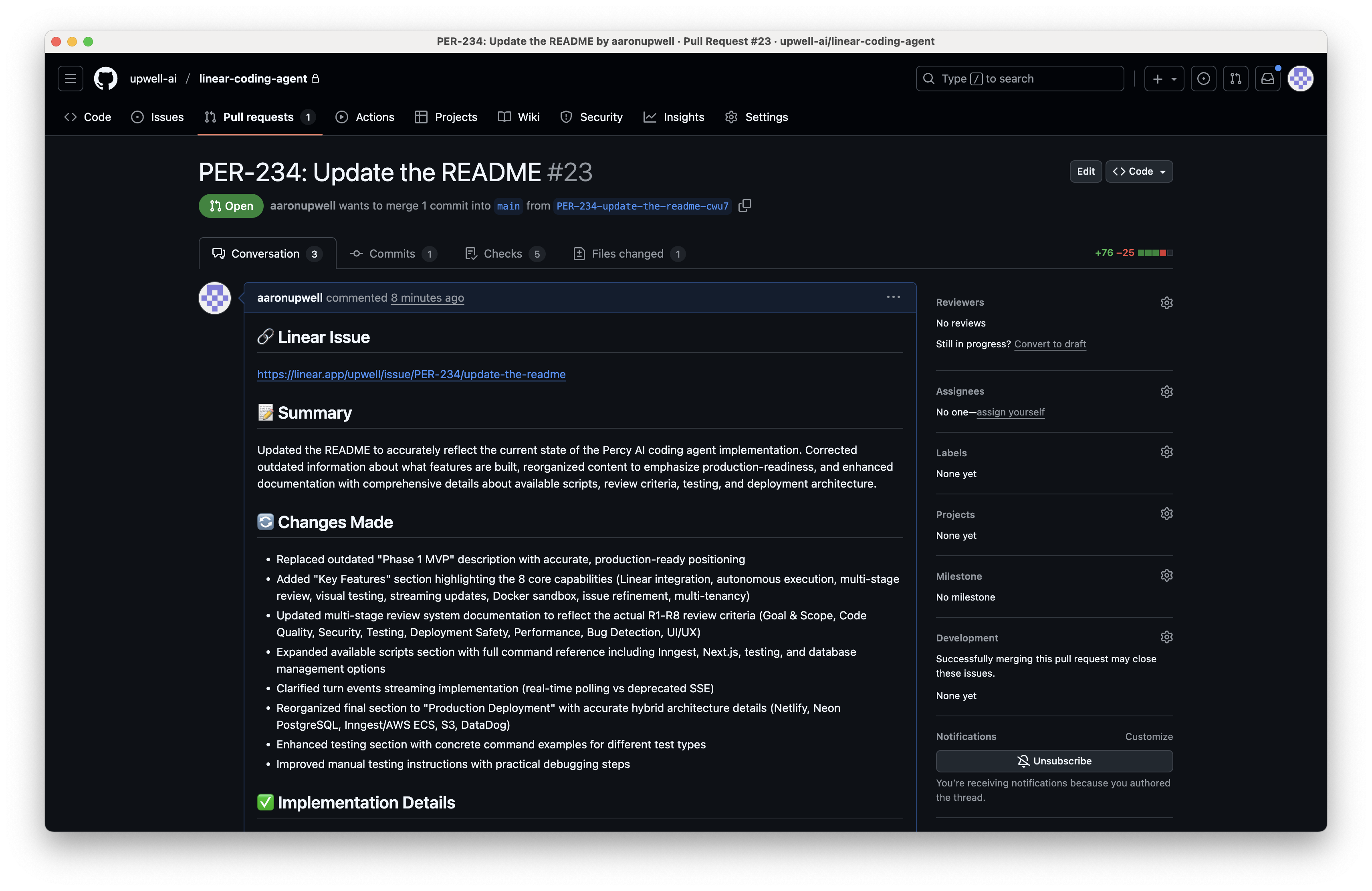 GitHub pull request created by Percy with passing checks