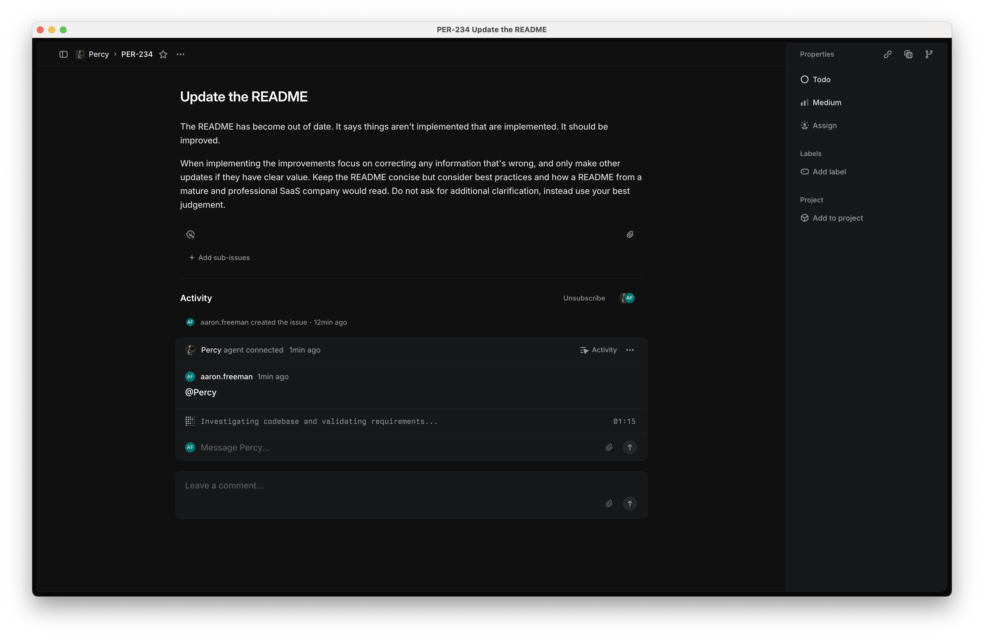 Linear task showing Percy agent connected and investigating requirements