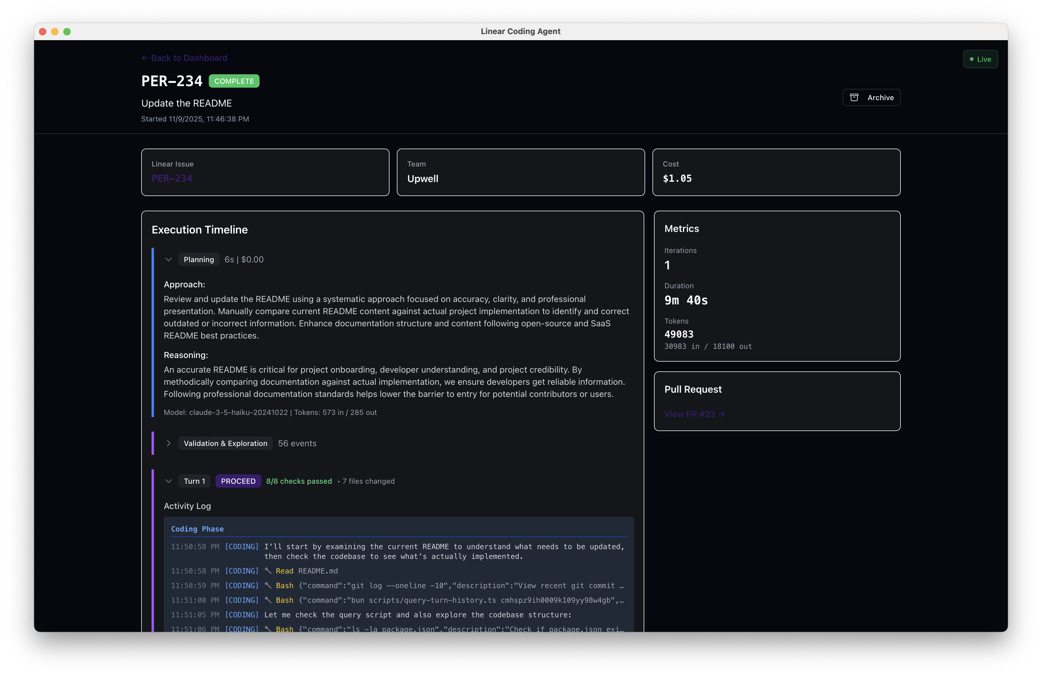 Percy task execution page showing real-time progress